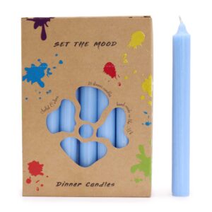 Rustic sea blue dinner candles arranged in a decorative display.