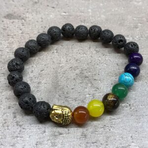 Lava stone bracelet featuring Buddha design and colourful gemstones.