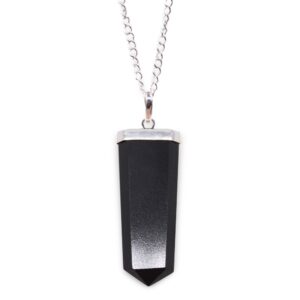 Black agate flat pencil pendant showcasing its smooth surface and unique shape.