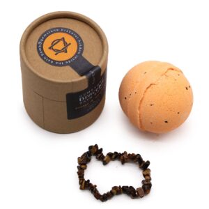 Handcrafted Tiger Eye Gem Bracelet Bath Bomb in vibrant orange and mandarin scent.
