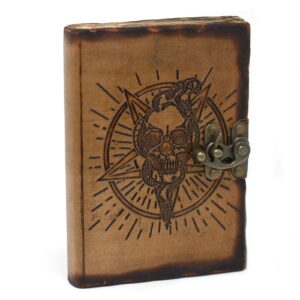 Leather notebook featuring a pentagon and skull design with burnt edges.