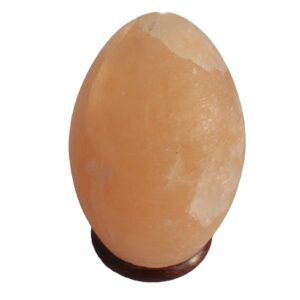 Himalayan salt lamp egg with a wooden base, glowing softly in a serene setting.