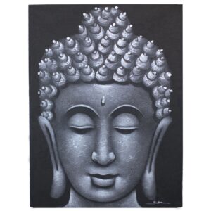 Handmade Buddha painting with grey brocade detail, perfect for home decor.