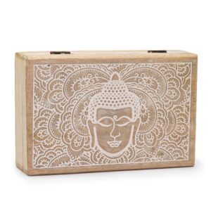 Whitewashed Buddha face box, perfect for storage or as a decorative piece.