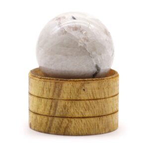 40mm Indian Moonstone gemstone sphere with a stand, perfect for decor.