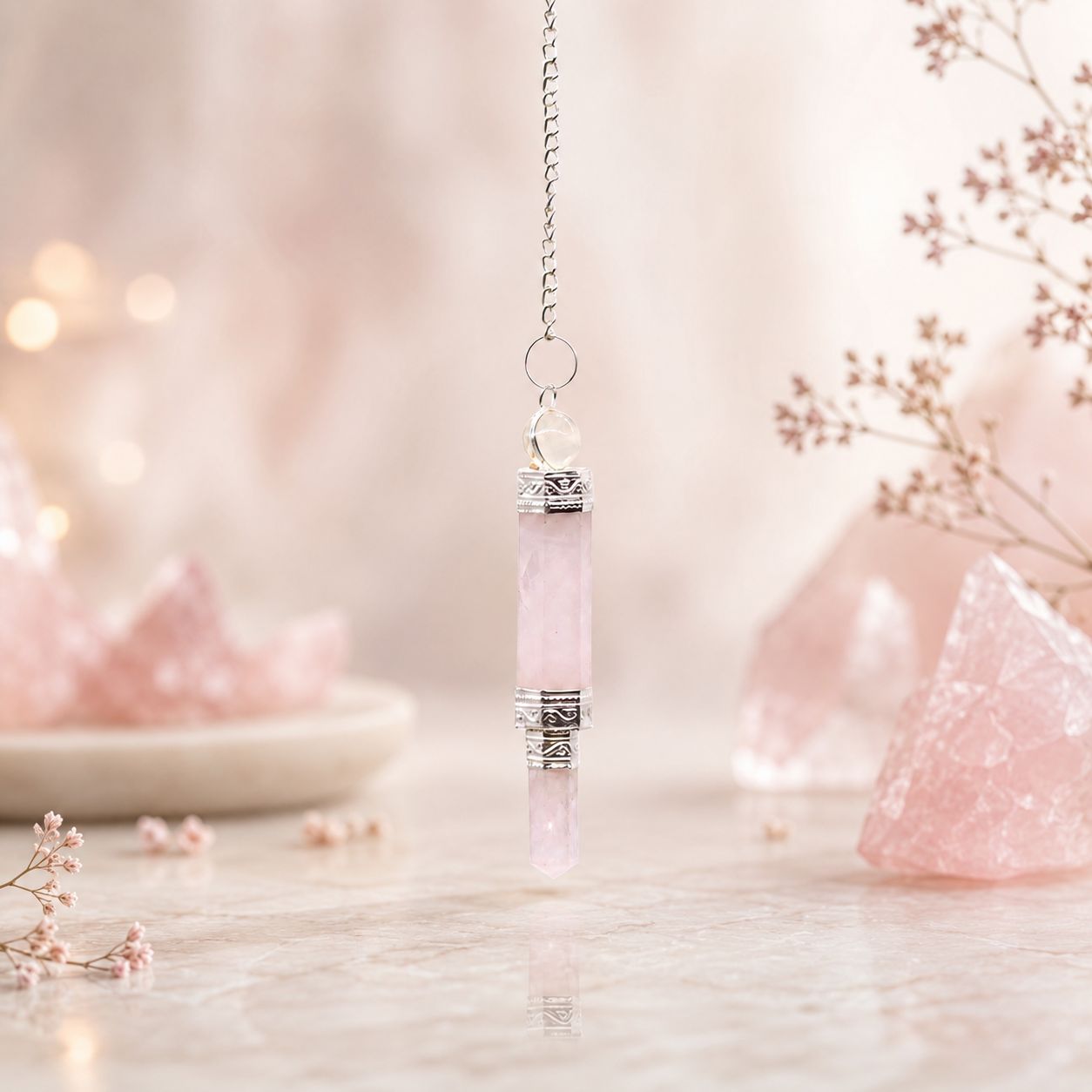 Rose Quartz pendulum with silver chain and gemstone bead for dowsing.