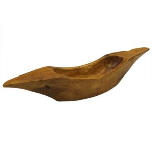 Hand-carved teak root bowl with a unique abstract shape, perfect for display.