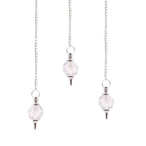 Faceted rock quartz pendulum with silver-tone fittings and a fine chain.