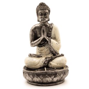 Hand-painted white Buddha candle holder in Namaskara Mudra gesture.