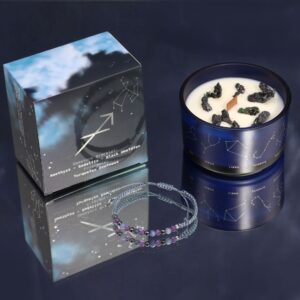 Zodiac Crystal Candle with a gemstone bracelet for Sagittarius in vibrant packaging.