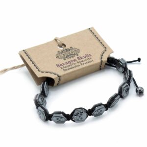 Stylish Magnetic Hematite Shamballa Bracelet with hexagon skulls and pastel cubes.