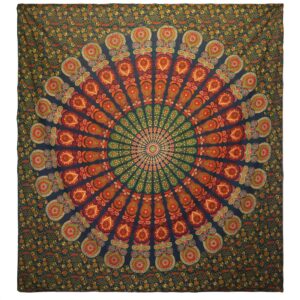 Green peacock mandala bedspread that doubles as a wall hanging.