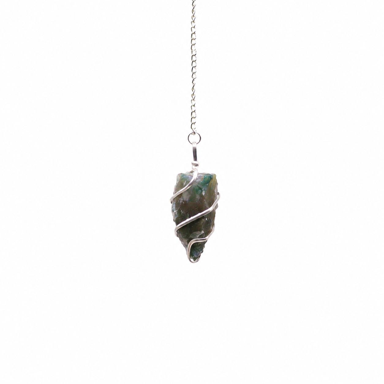 Raw moss agate pendulum with silver-tone spiral and fine chain.