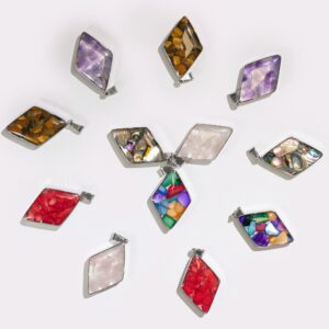 Steel cased pendant featuring assorted gemstone chips and shells.