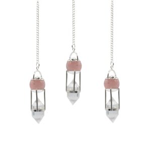Double power pendulum with rose quartz globe and clear quartz point.