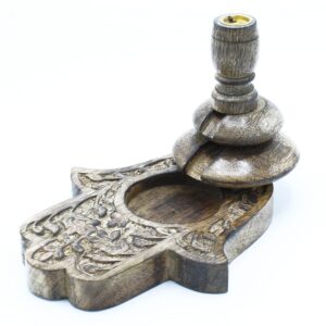 Mango wood backflow burner featuring a Hamsa design for calming spaces.