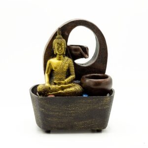 Golden Buddha tabletop water feature with cascading water in decorative pots.