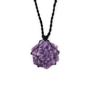 Laced hexagon pendant featuring lavender-hued Lepidolite gemstone.