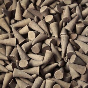 Patchouli incense cones in vibrant colours, perfect for creating a calming atmosphere.