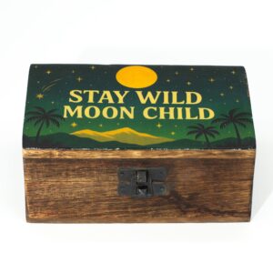 Medium mango wood box with enamelled lid featuring Stay Wild Moon Child design.