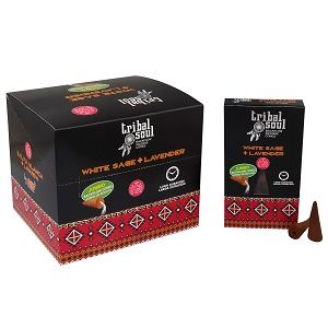Tribal Soul backflow incense cones featuring white sage and lavender.