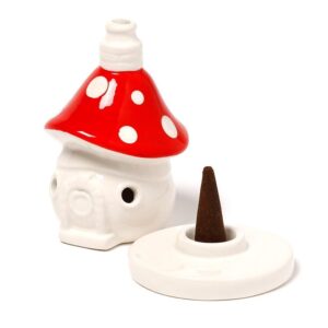 Ceramic incense cone burner shaped like a fairy toadstool house.