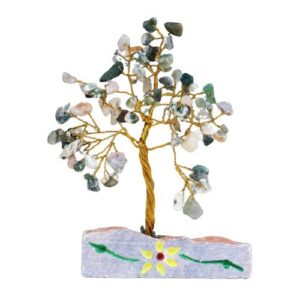 Handmade Tree Agate gemstone tree mounted on a rock base.