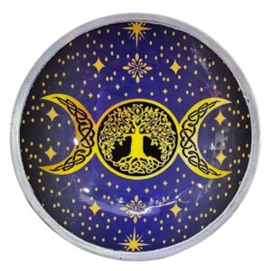 Enamelled offering plate featuring the Triple Moon symbol in purple and gold.