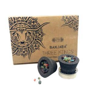Banjara Three Kings resin cups emitting fragrant smoke in a serene setting