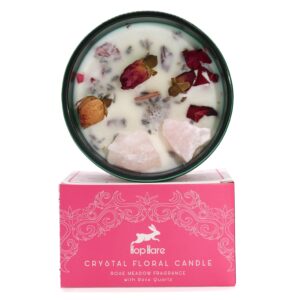 Hop Hare Crystal Magic Flower Candle featuring Rose quartz and Rose Flowers.