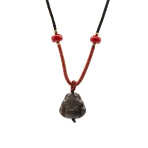 Silver Obsidian Buddha pendant on a comfortable cord necklace.