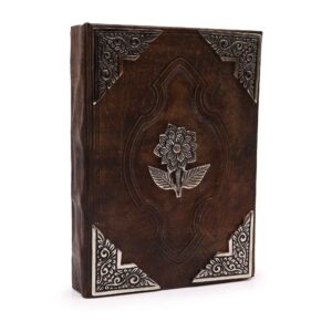 Luxurious red tan journal with zinc rose decor and deckle-edged pages.