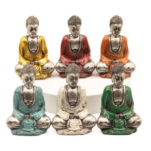 Set of six silver mini Buddha figurines in assorted colours for home decor.