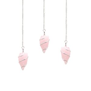 Raw rose quartz pendulum with a silver-tone spiral and fine chain.