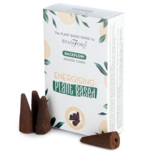 Energising plant-based backflow incense cones in a decorative packaging.