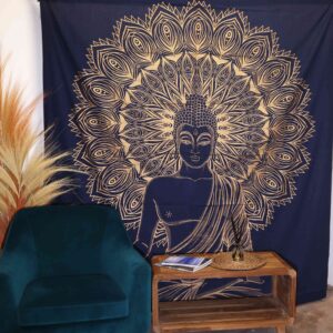 Blue and gold double cotton bedspread featuring a Buddha design, perfect for home decor.