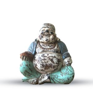 Hand carved vintage blue mint Buddha statue, symbolising happiness and serenity.