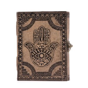 Antique grey Hamsa esoteric notebook with stitch edge and 200 pages.