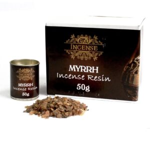 50g tub of Myrrh Resin for incense burning, showcasing its rich texture and colour.