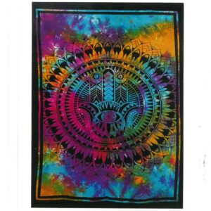 Vibrant cotton wall art featuring a Hamsa hand design with rich colours.