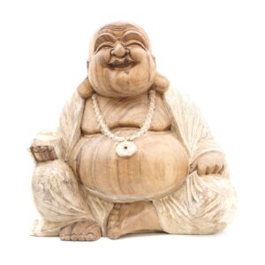 Handcrafted whitewash Buddha statue made from Suar wood, showcasing intricate details.