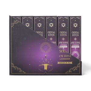 Lavender smudge incense sticks with amethyst chipstones in a calming setting.