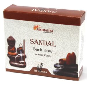 Aromatica backflow incense cones in a decorative box with sandalwood scent.
