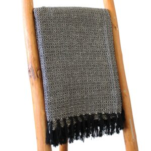 Charcoal cotton throw with diamond weave and black tassel fringe for home decor.