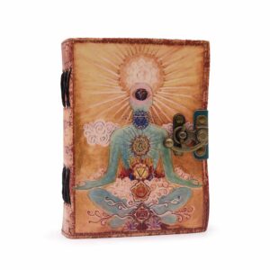 Leather notebook with intricate chakra design and deckle-edge pages.