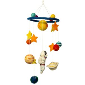 Handmade felt mobile featuring a starman and planets for a whimsical touch.
