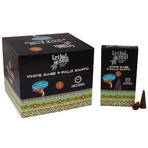 Tribal Soul backflow incense cones featuring White Sage and Palo Santo.