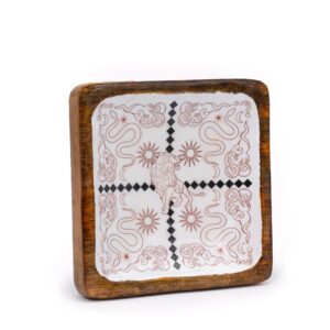 Enameled square trinket tray featuring a lion and snakes design.