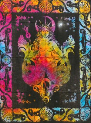 Ocean-inspired cotton wall art featuring a bold mermaid design against a deep backdrop.