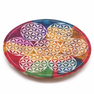 Soapstone disc incense holder featuring the Flower of Life design.